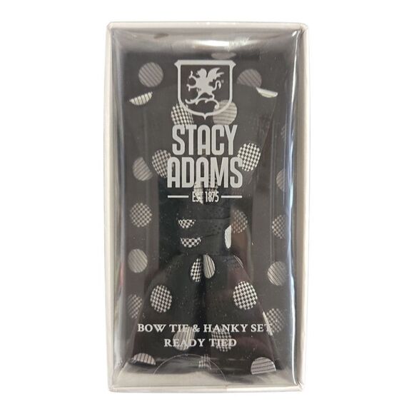 STACY ADAMS BLACK SILVER POLKA DOT FASHION BOXED BOW TIE & POCKET SQUARE SET. - Picture 4 of 5